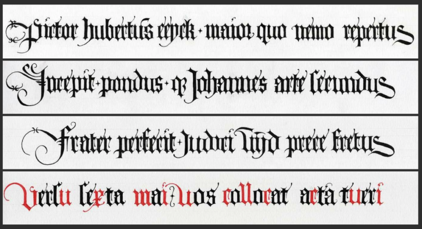 A transcription (from Hugo van der Velden, 2012) of the quatrain using the original script. “It is generally accepted that the red letters in the last line form a chronogram that reveals the date of the polyptych’s completion: when these are read as roman numerals and added up, the result is 1432.” (From Closer to Van Eyck)